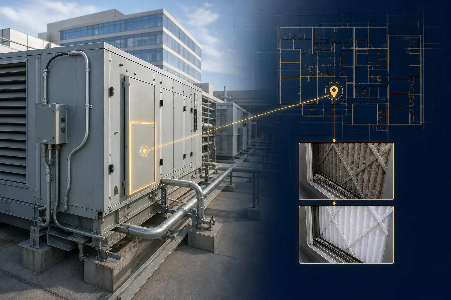 A rooftop air handler connected to its floor-plan location and before-and-after maintenance photos