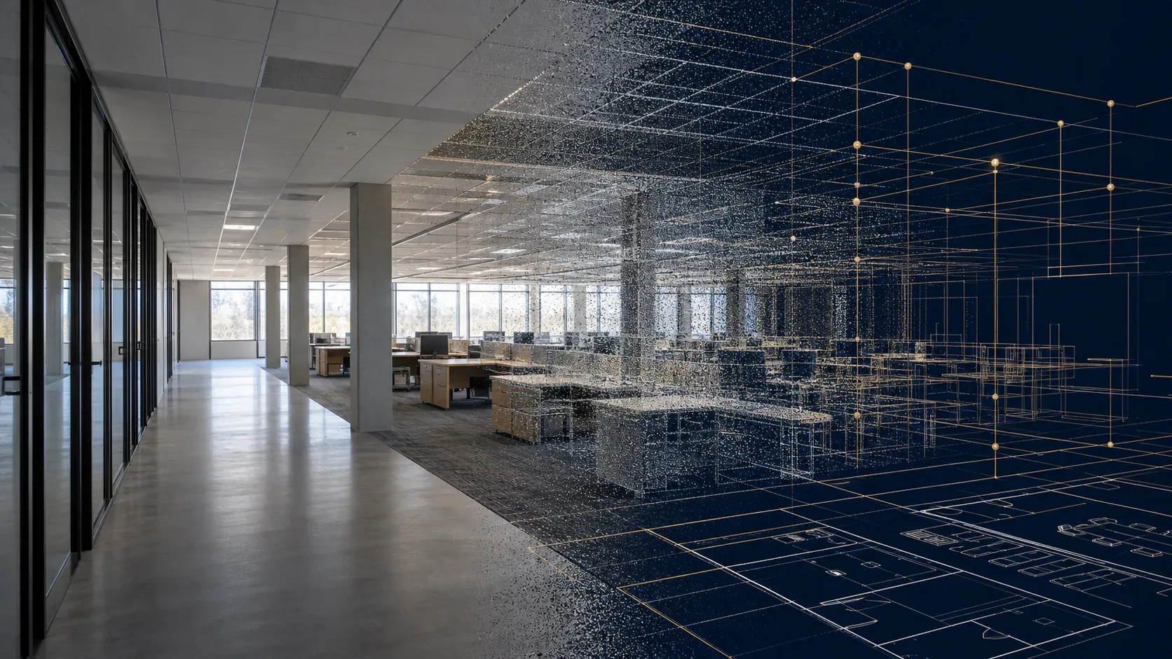 A commercial office transitioning from a photographic view into point-cloud capture and floor-plan linework