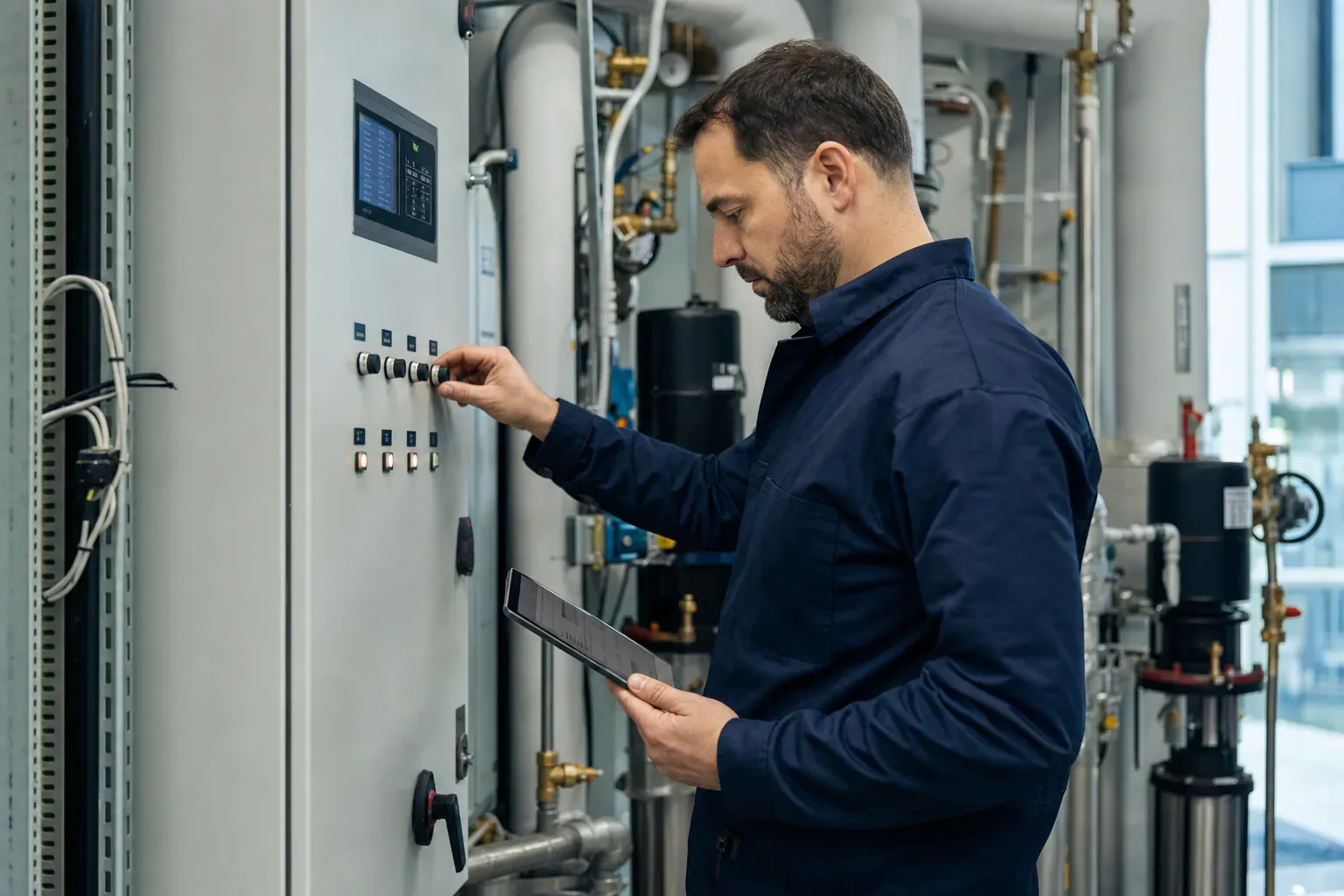 Building engineer checking commercial controls and equipment conditions with a tablet