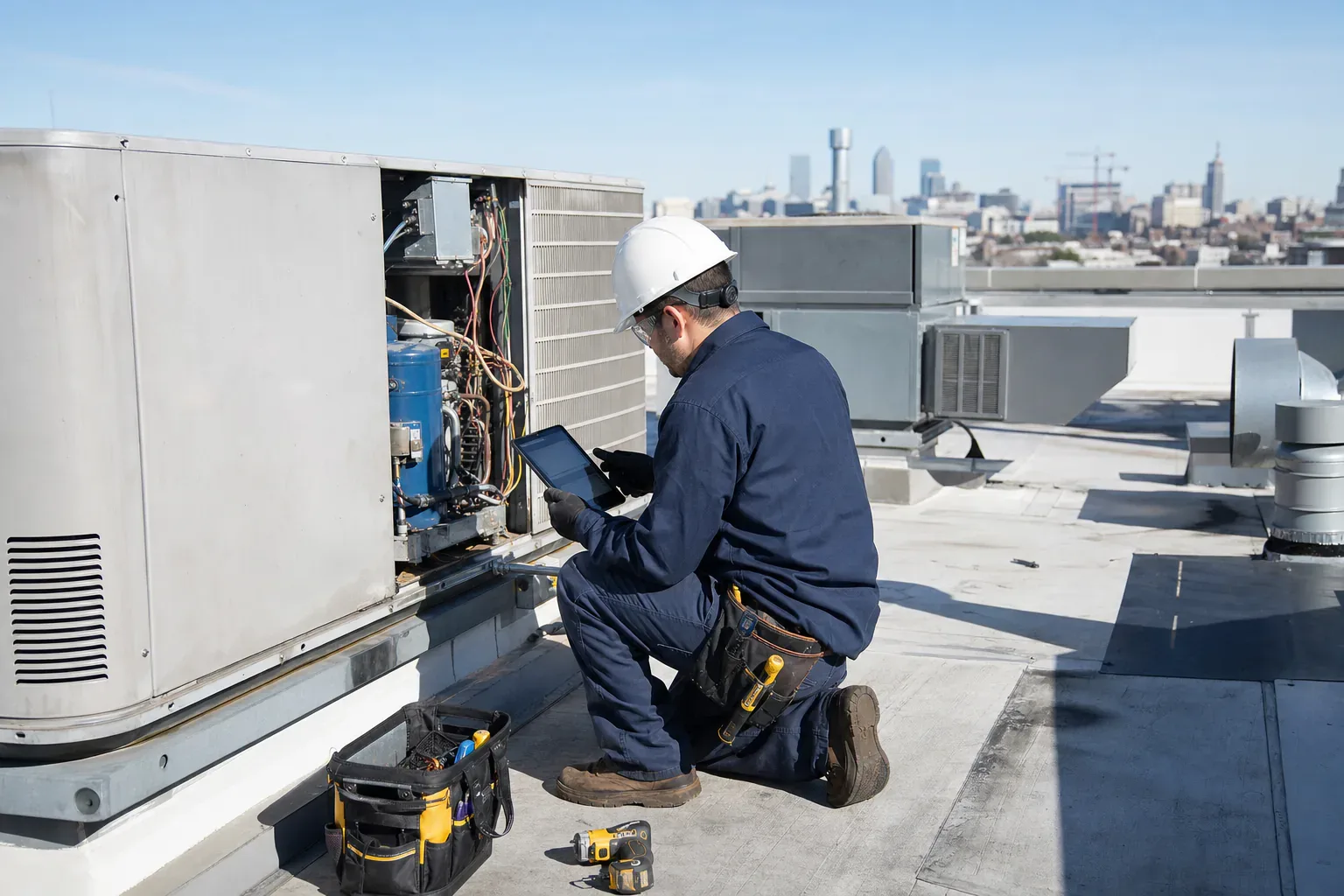 Commercial HVAC technician documenting a rooftop equipment inspection on a tablet