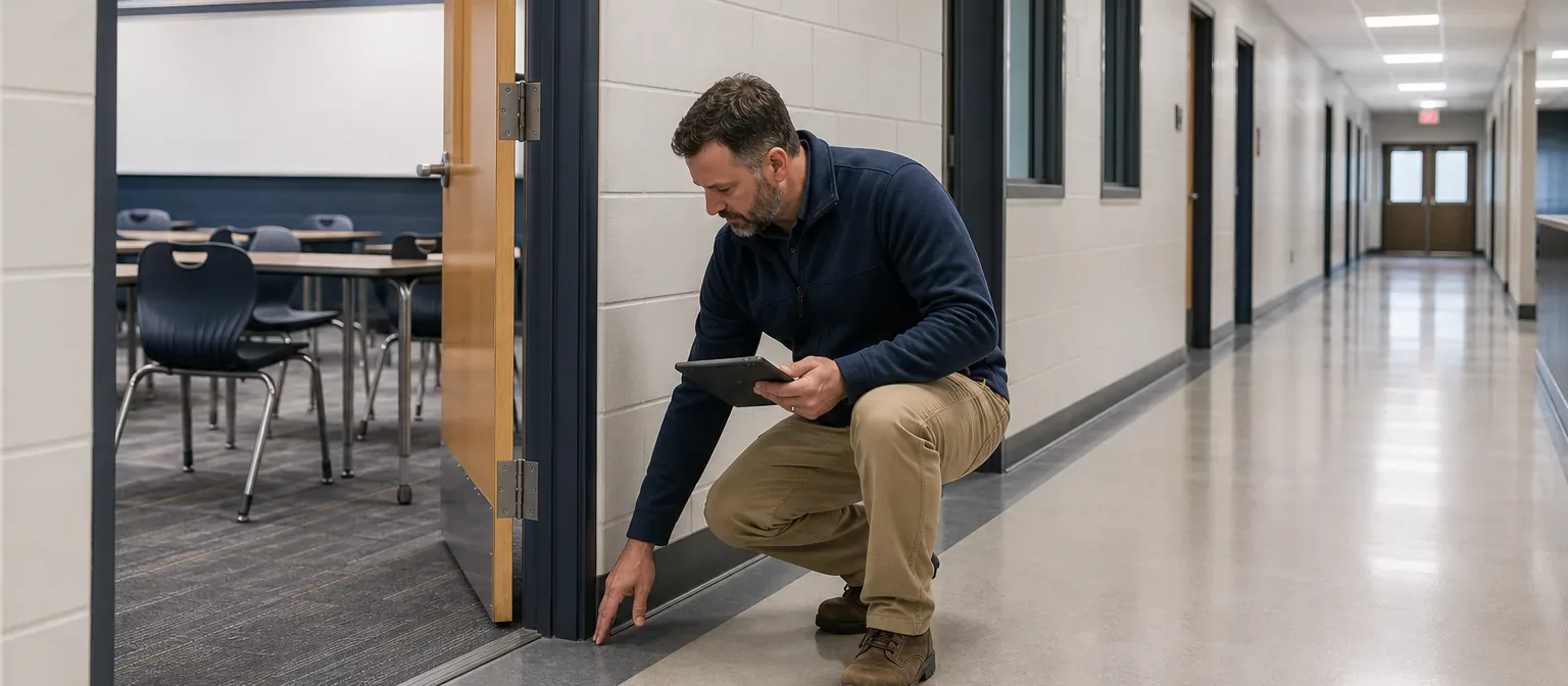A school facilities manager checking a classroom doorway and corridor condition