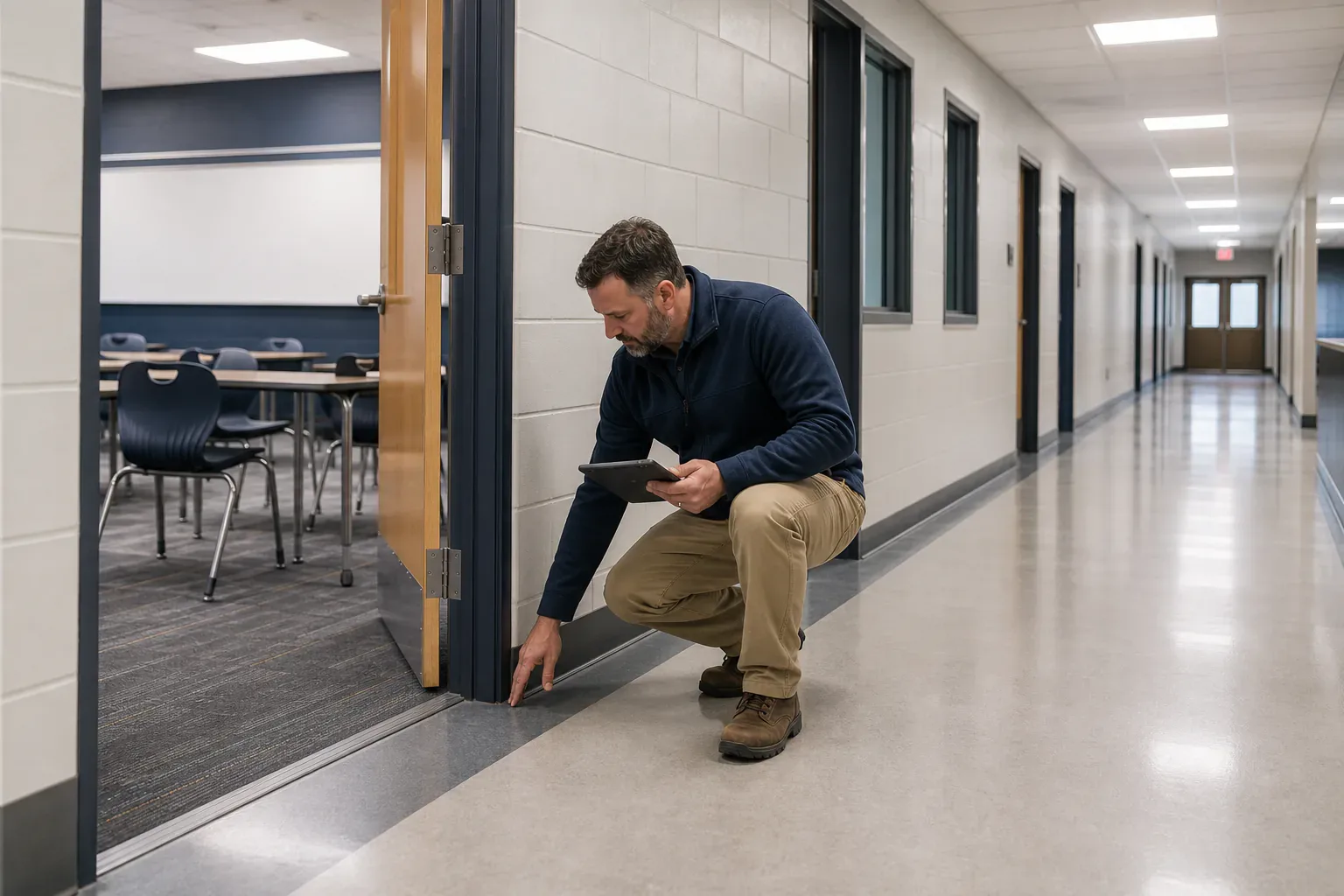 A school facilities manager checking a classroom doorway and corridor condition
