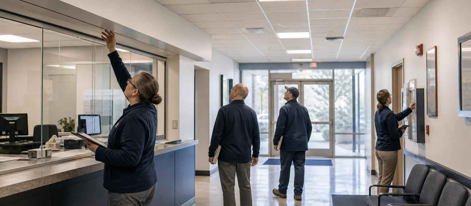 A facilities team conducting a coordinated condition walk through a municipal building