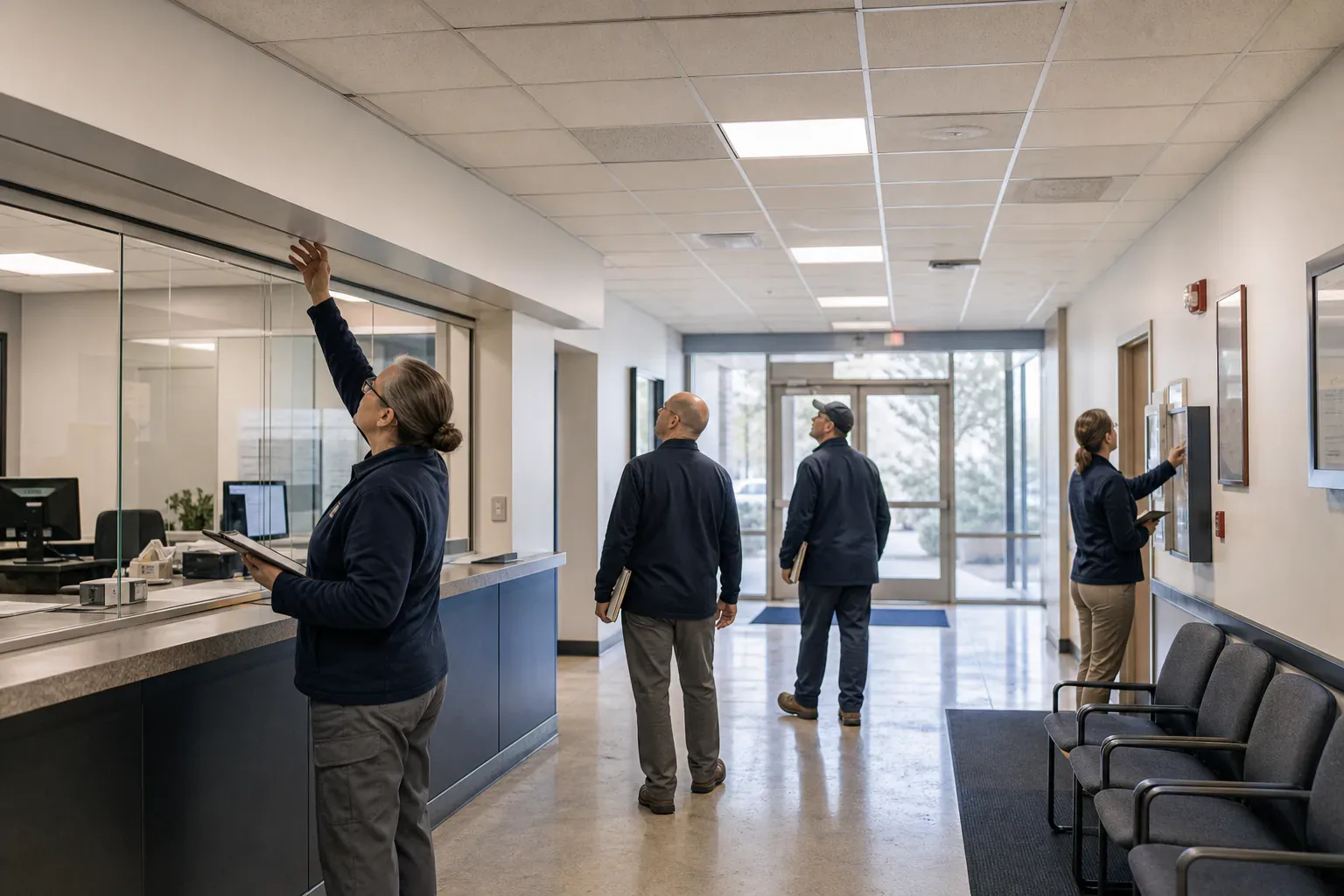 A facilities team conducting a coordinated condition walk through a municipal building