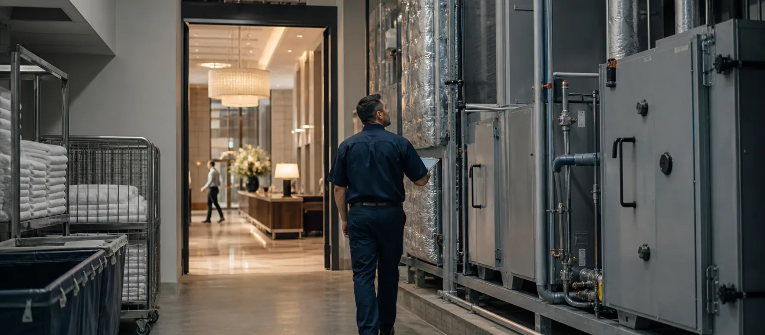 A hotel engineer inspecting back-of-house mechanical equipment beside the guest lobby
