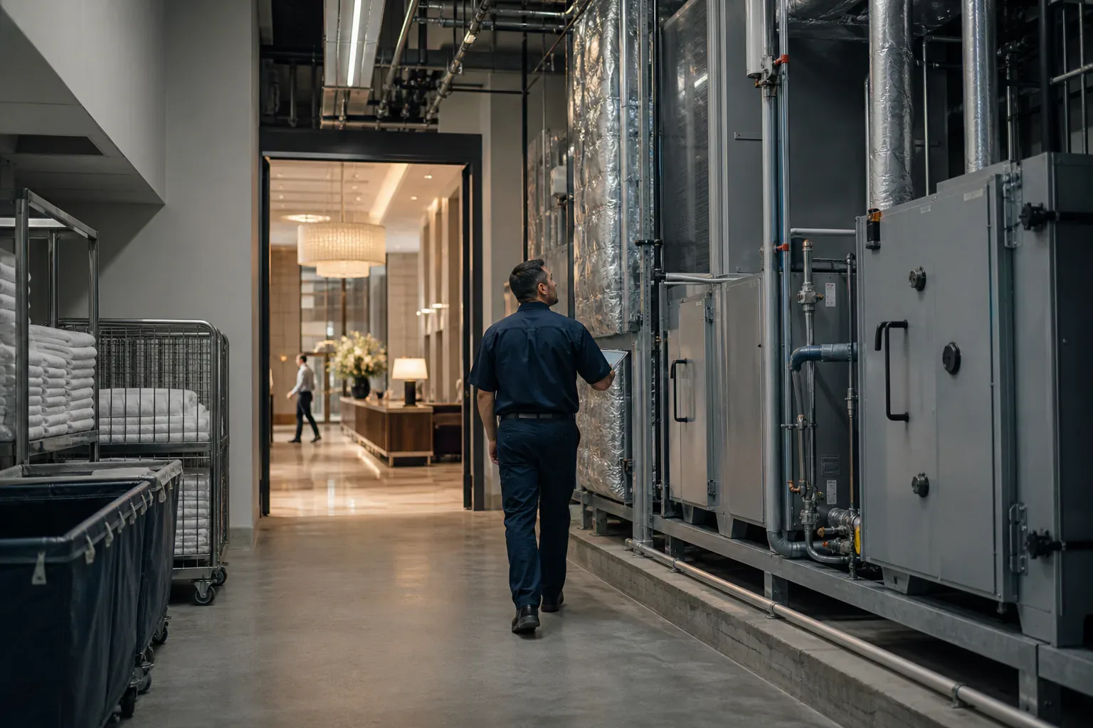 A hotel engineer inspecting back-of-house mechanical equipment beside the guest lobby