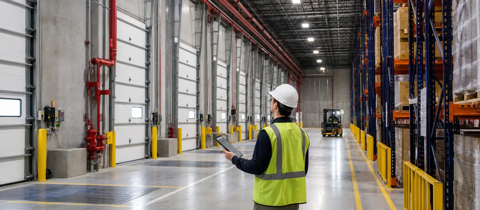 A facility professional inspecting fire protection and loading areas inside a warehouse