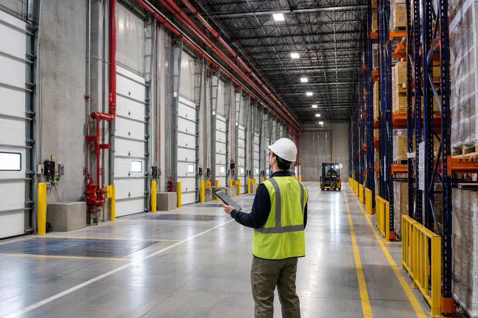 A facility professional inspecting fire protection and loading areas inside a warehouse