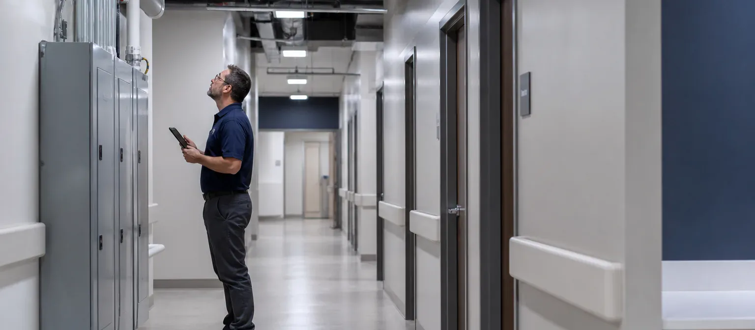 A facilities technician inspecting infrastructure in a healthcare building service corridor