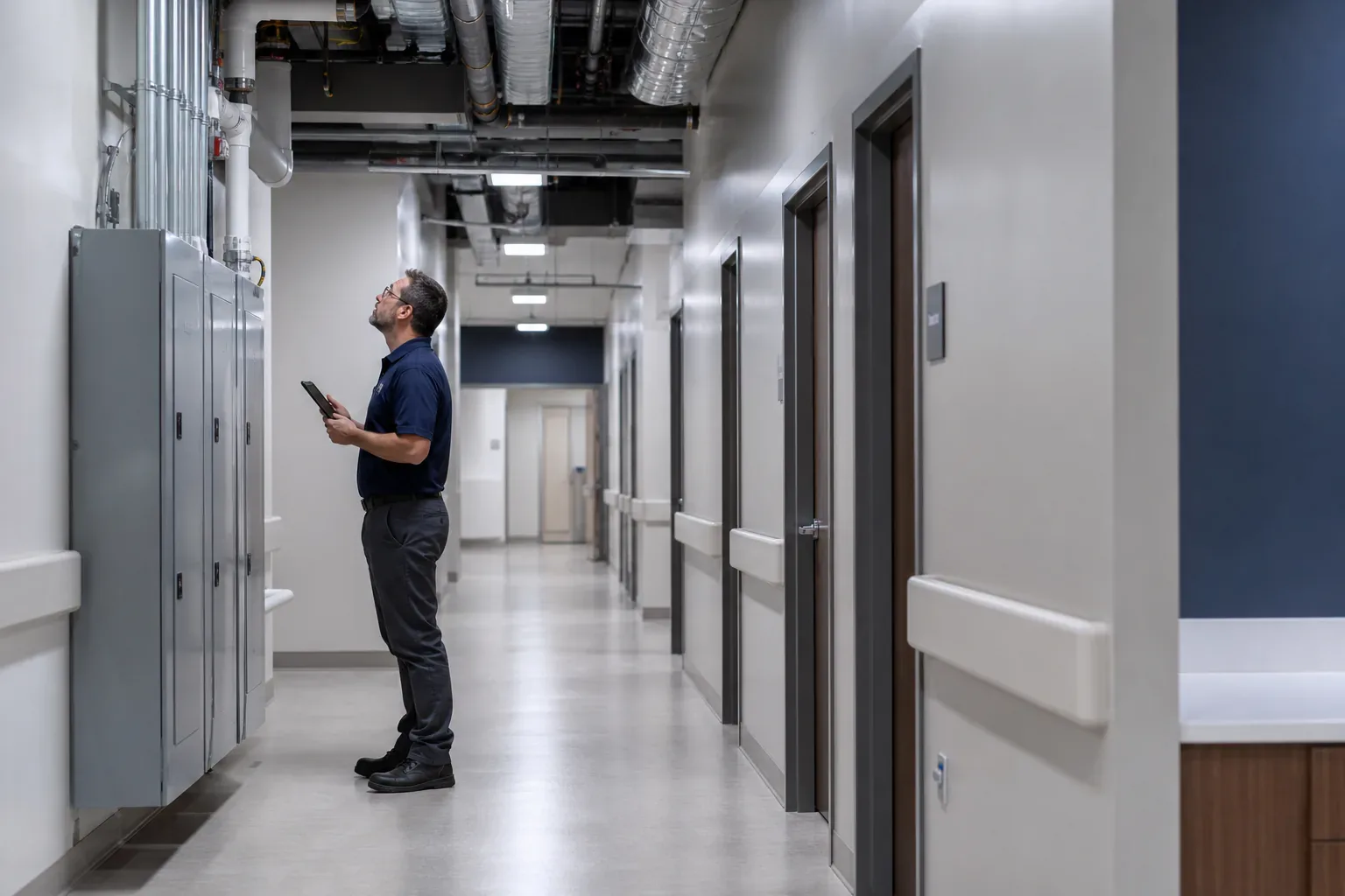 A facilities technician inspecting infrastructure in a healthcare building service corridor