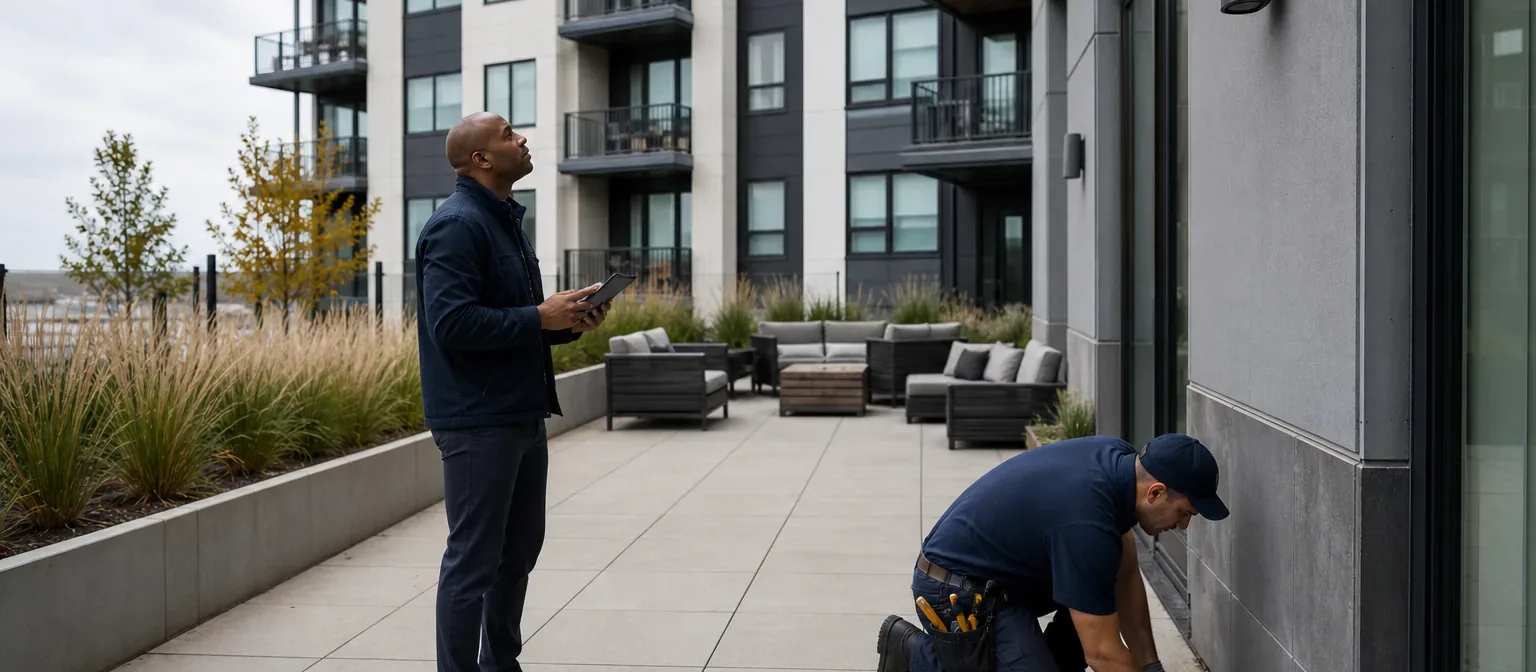 A multifamily operations team inspecting an exterior amenity terrace and building envelope