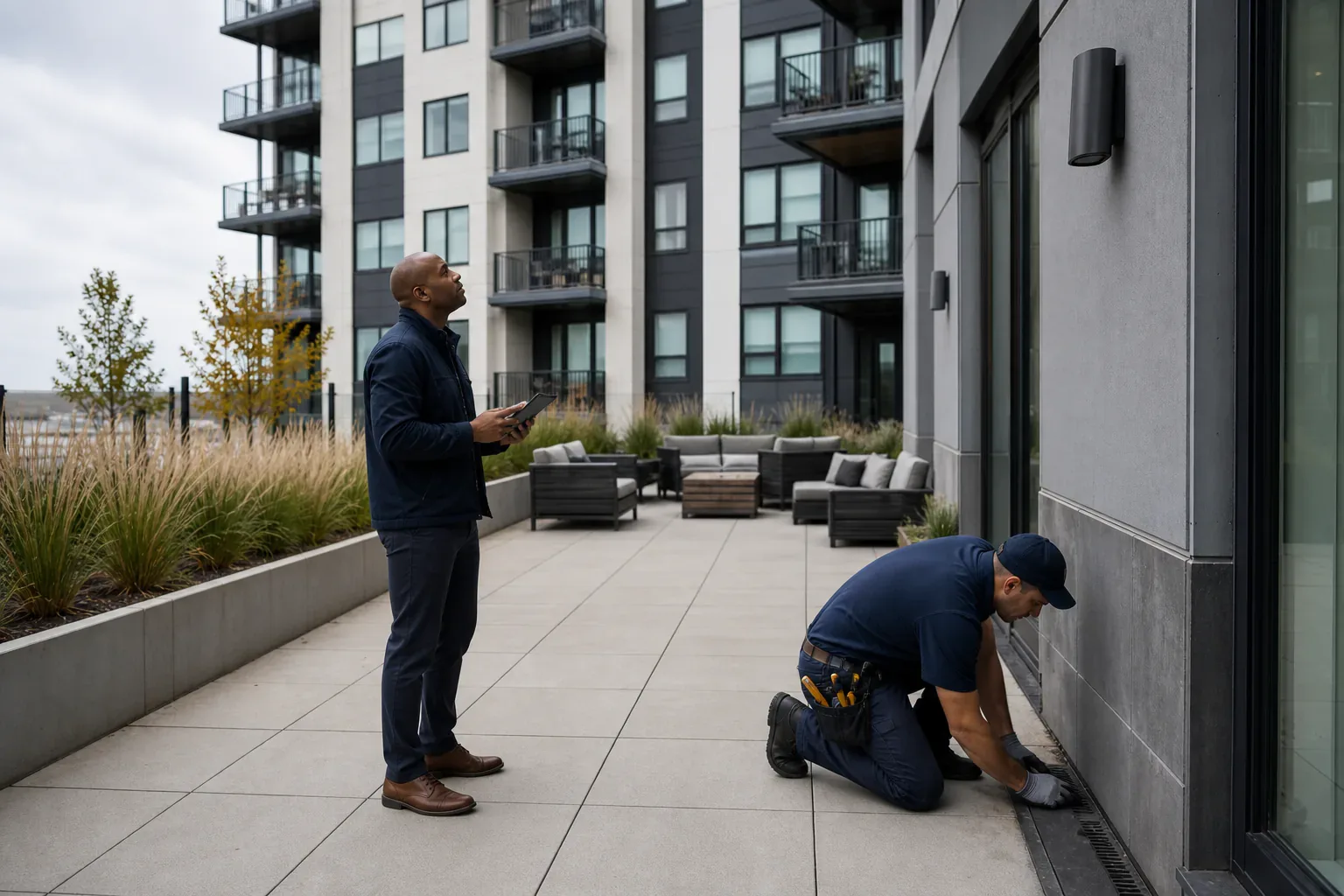 A multifamily operations team inspecting an exterior amenity terrace and building envelope