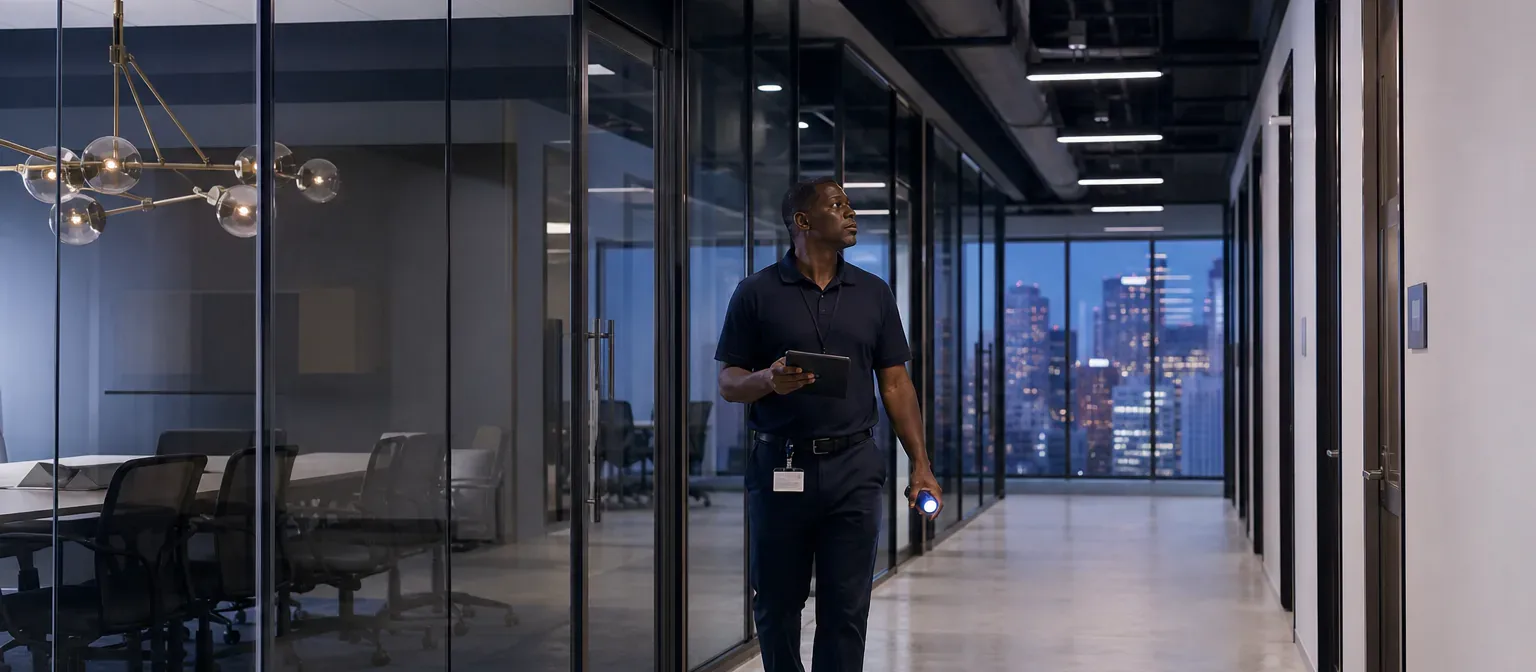 A building operator inspecting lighting and conditions in a commercial office after hours