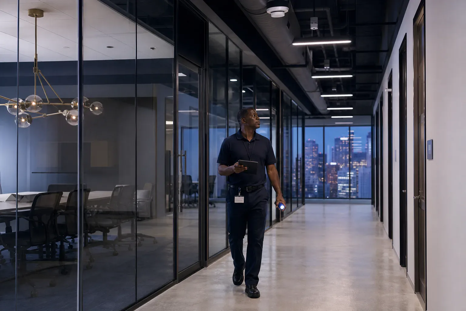 A building operator inspecting lighting and conditions in a commercial office after hours