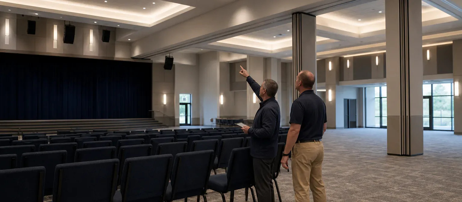 Facility professionals inspecting lighting and partitions in a large community worship space