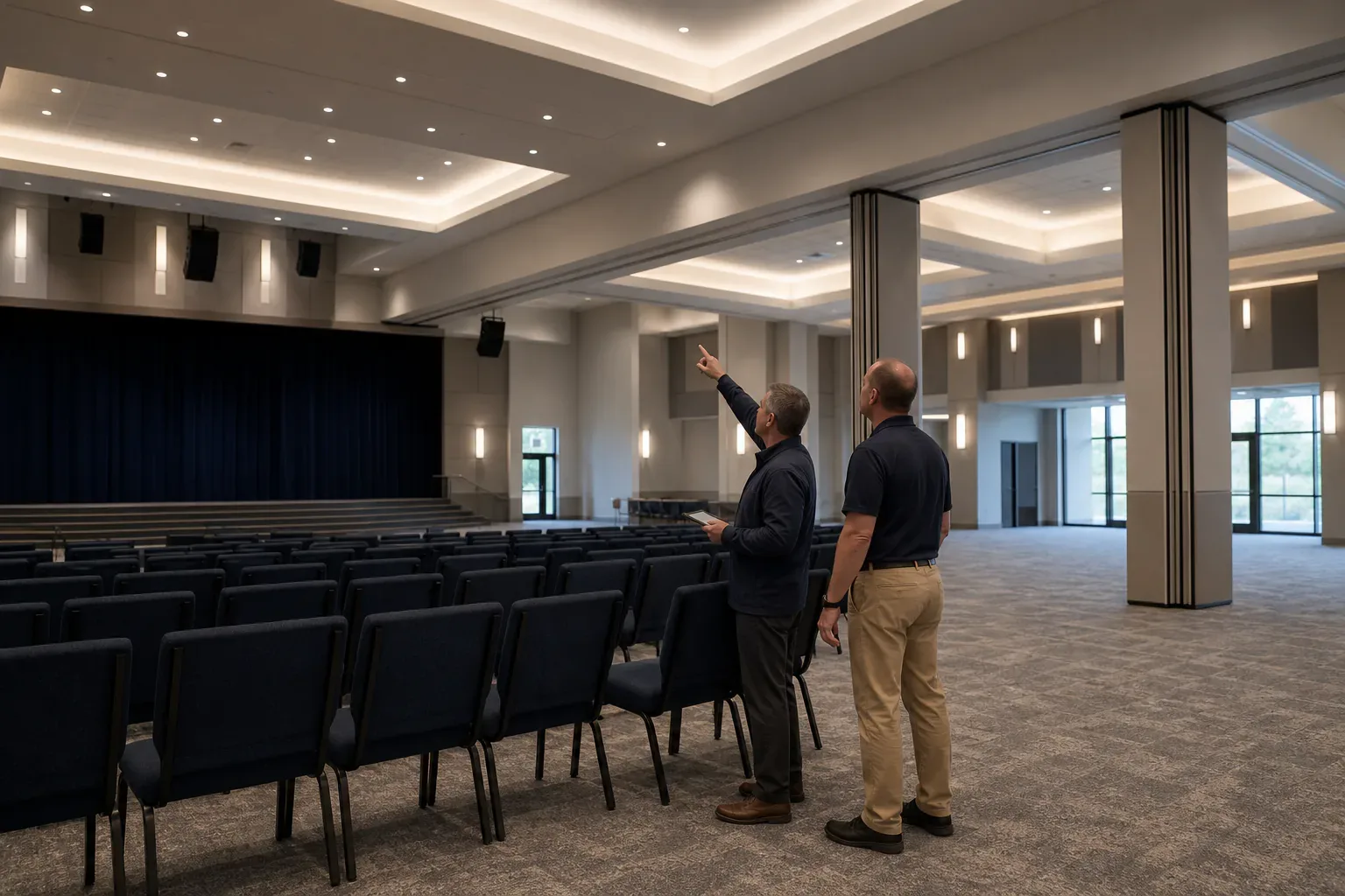 Facility professionals inspecting lighting and partitions in a large community worship space