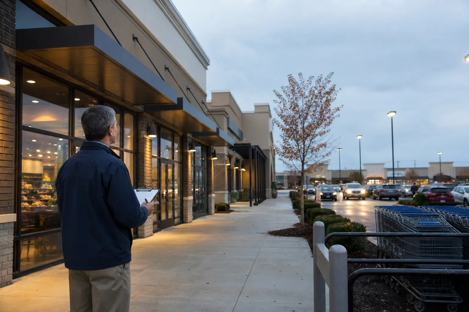 A property manager inspecting storefronts and common areas at a busy shopping center