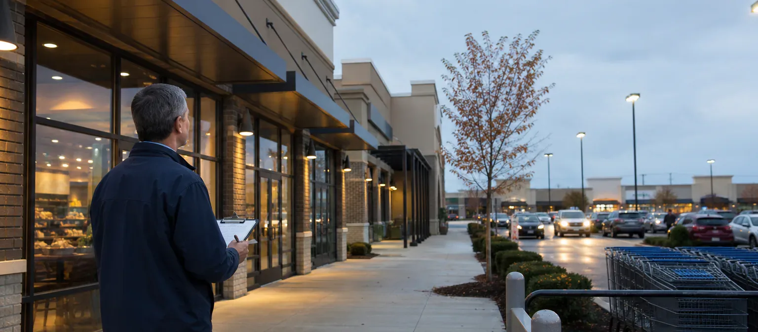 A property manager inspecting storefronts and common areas at a busy shopping center