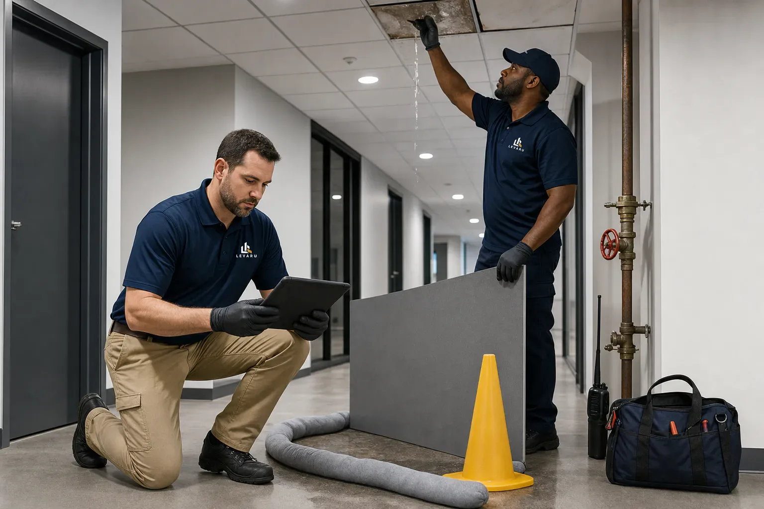 Two facility professionals containing and documenting a commercial ceiling water leak