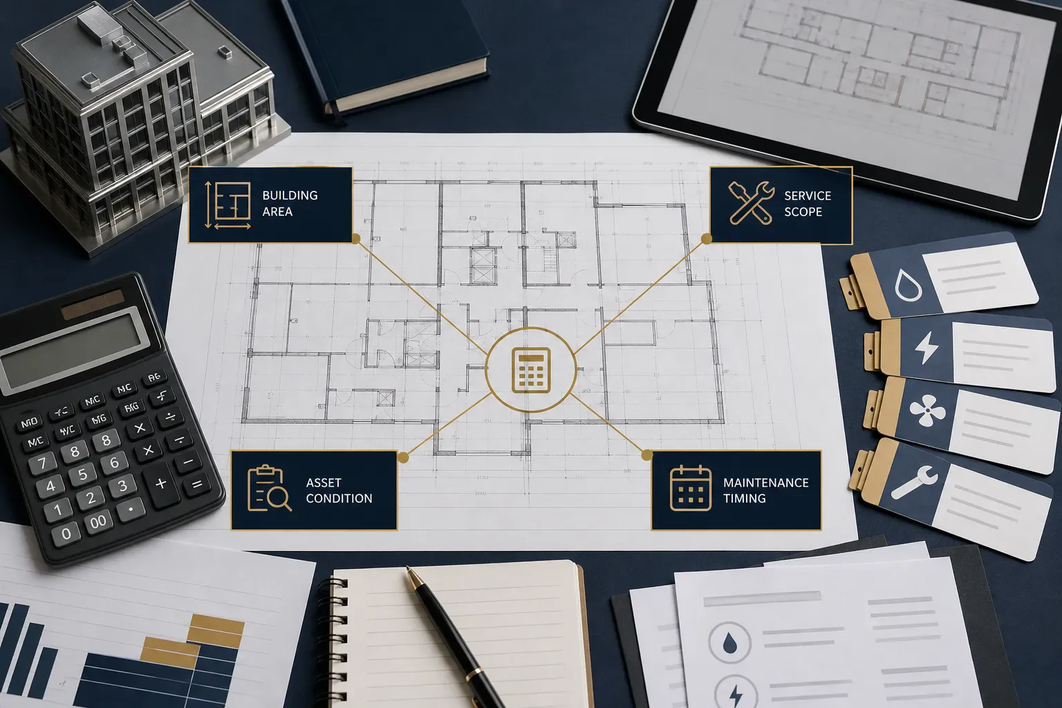 A building plan showing area, service scope, asset condition, and maintenance timing as cost inputs