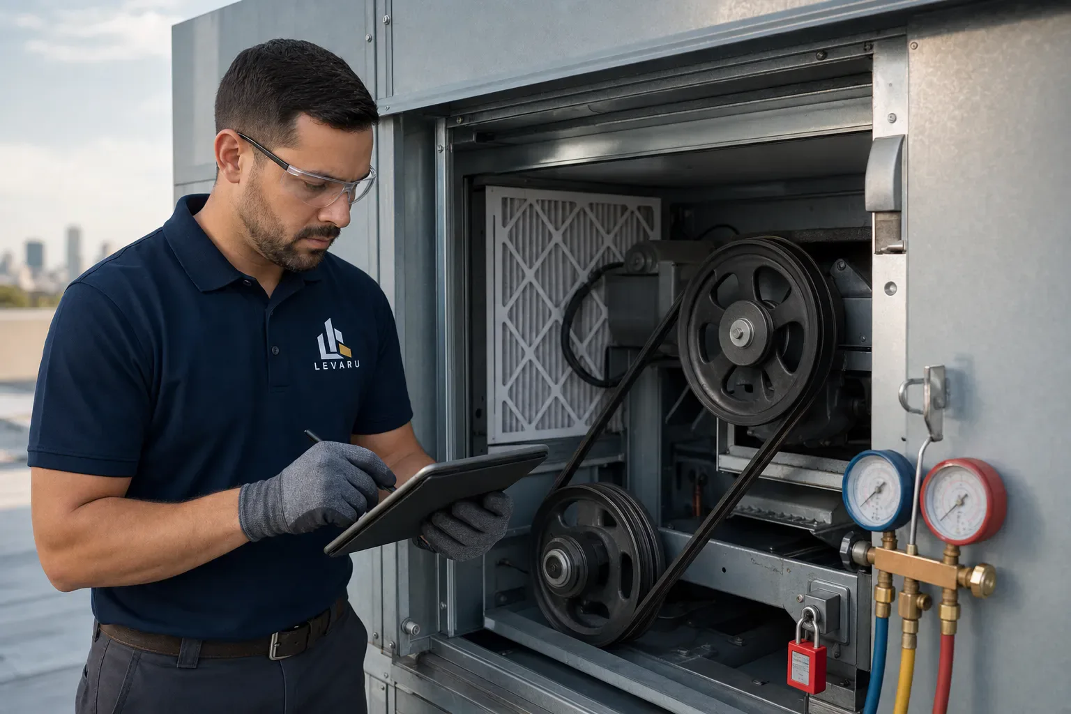 A commercial HVAC technician documenting belts, filters, and gauges during an air-handler inspection