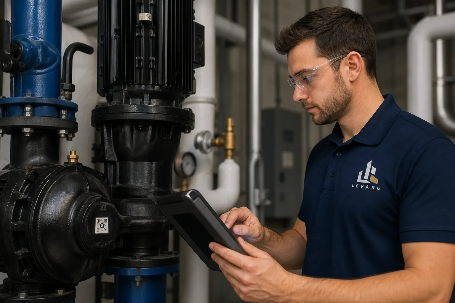 A facility technician scanning a QR-tagged circulation pump during scheduled maintenance
