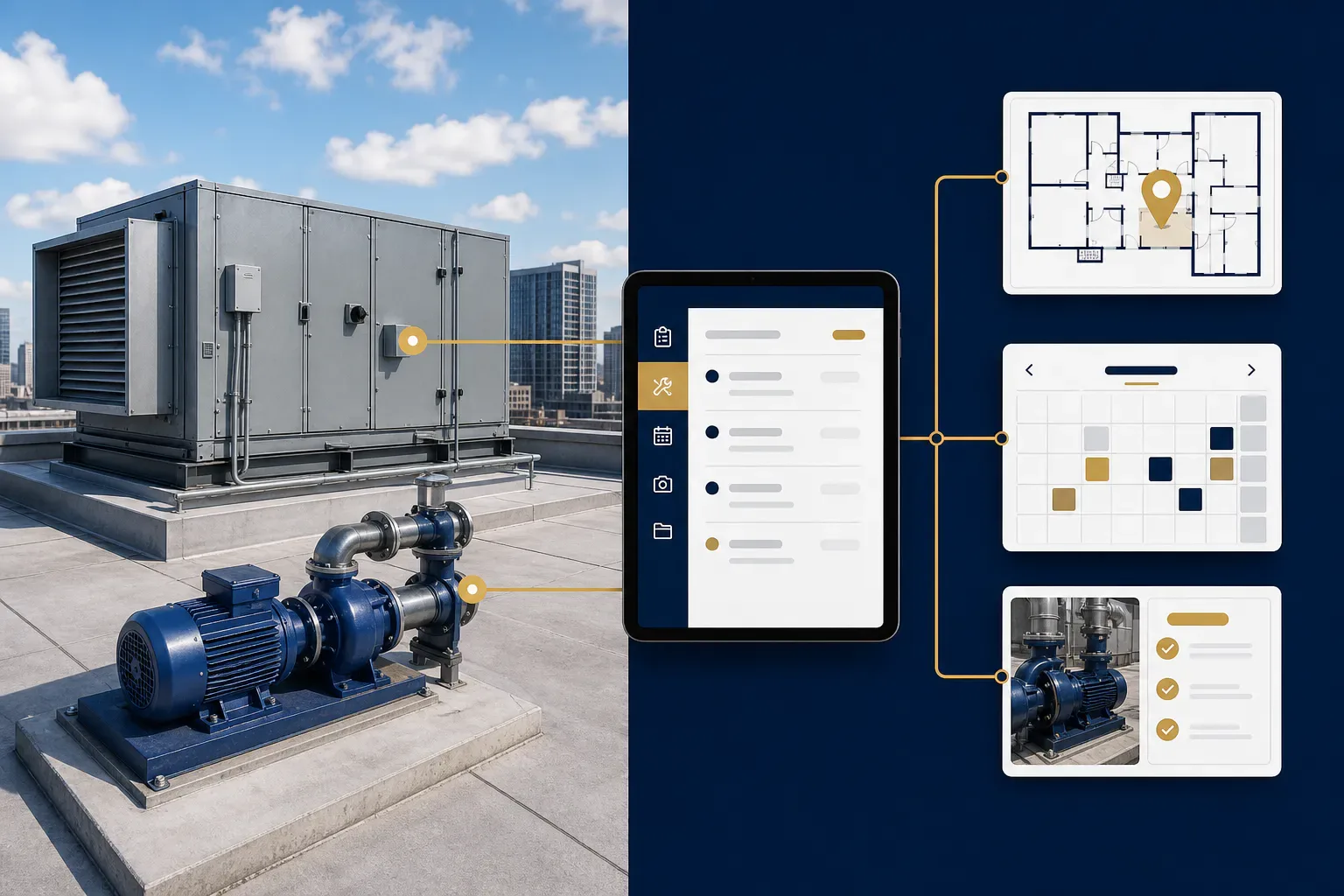 Commercial building equipment connected to work orders, a floor plan, a maintenance calendar, and completion photos