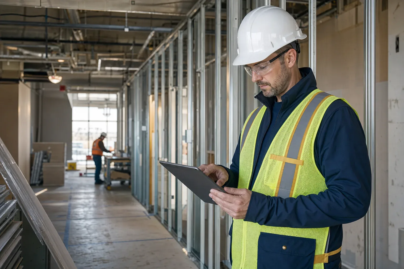 Construction manager reviewing progress in an active commercial tenant improvement project