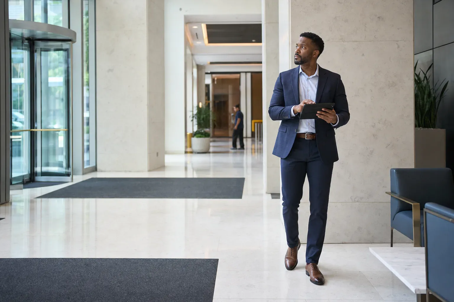 Commercial property manager documenting building conditions during a lobby inspection