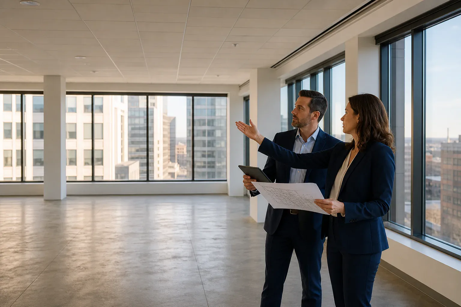 Commercial real estate professionals evaluating an empty office floor with a plan and tablet