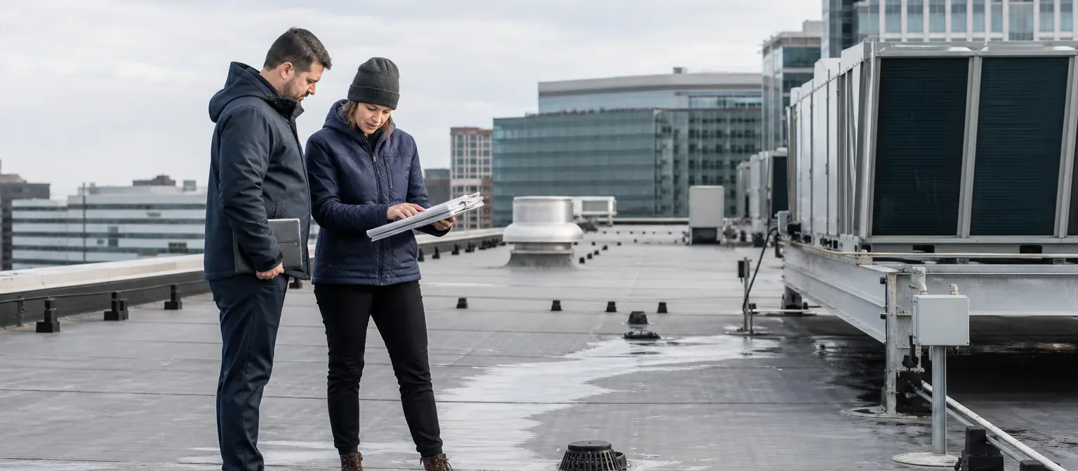 Building professionals assessing rooftop systems for a long-range capital plan