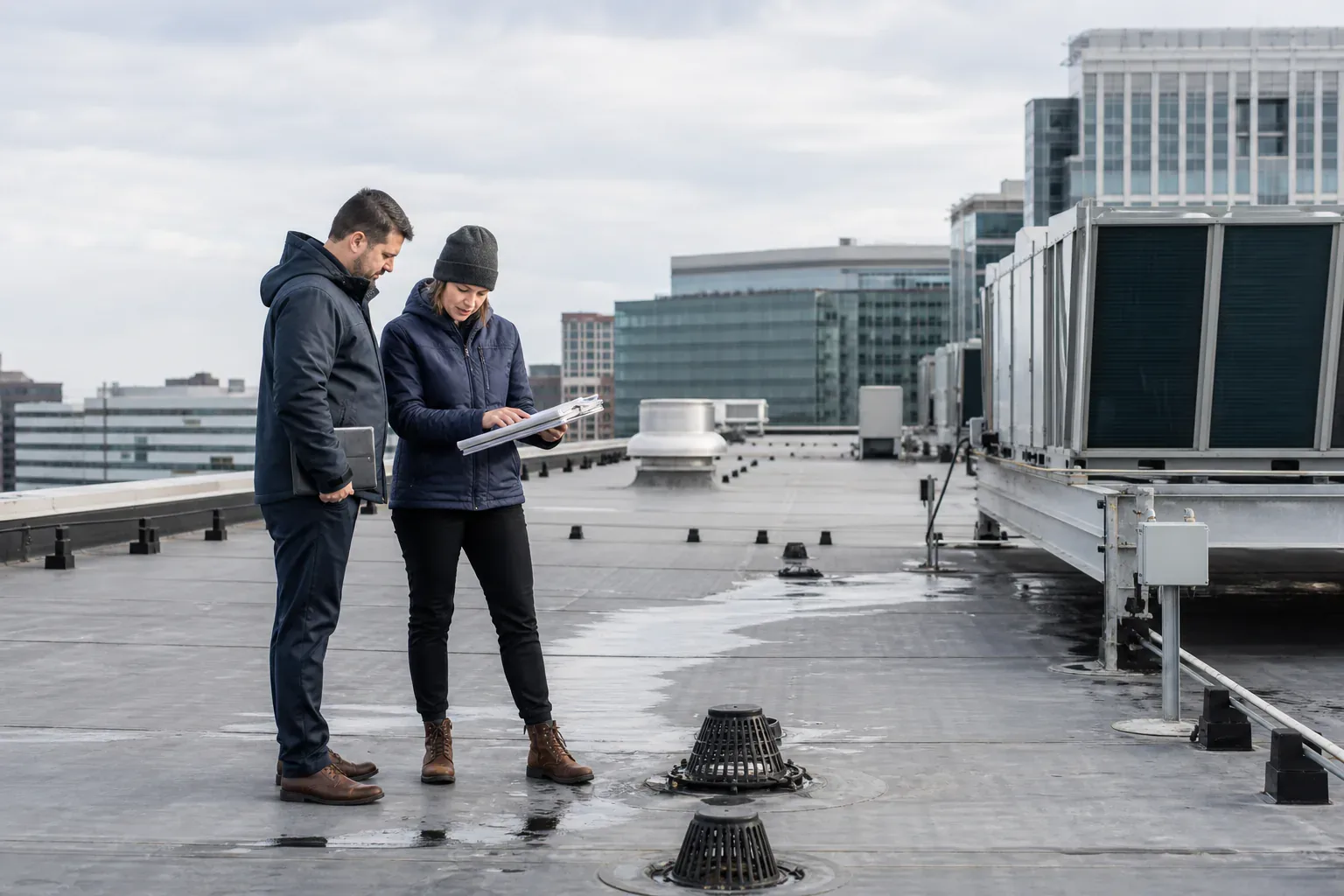 Building professionals assessing rooftop systems for a long-range capital plan