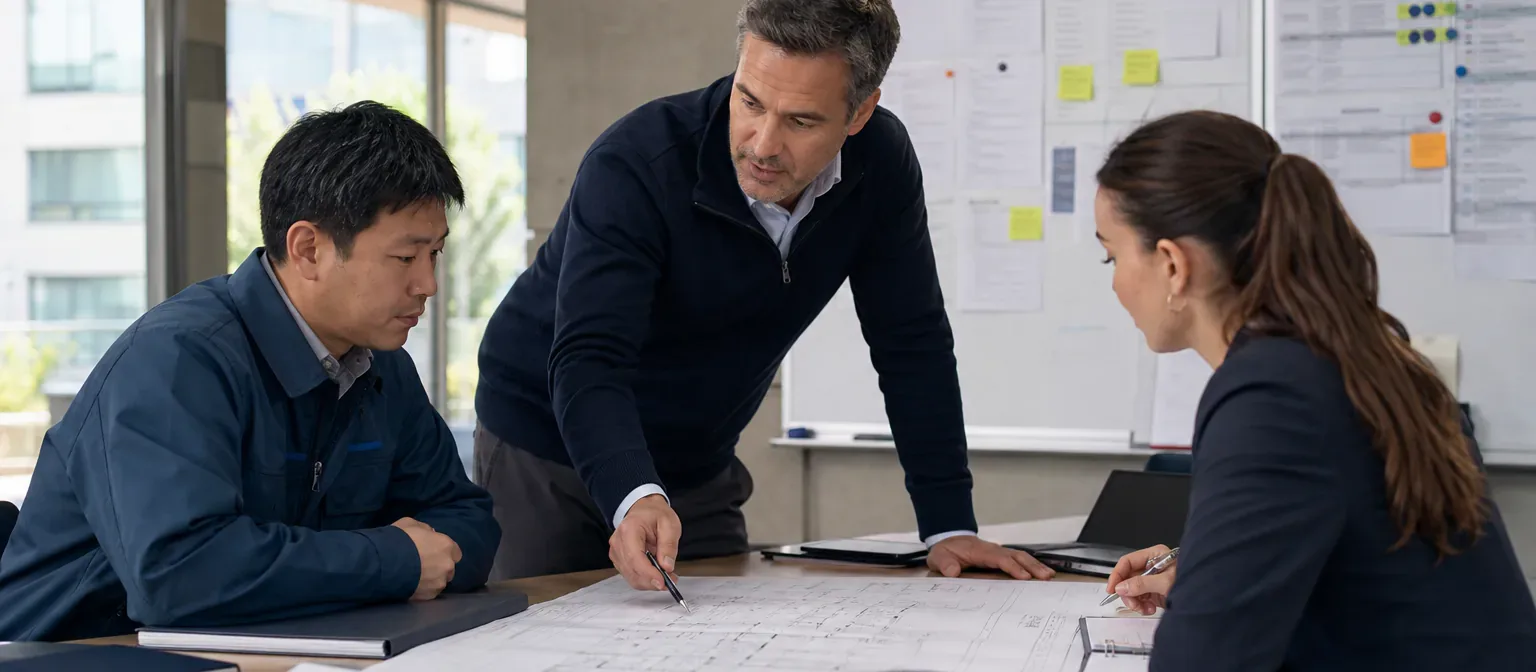 A commercial property operations team reviewing plans and schedules together