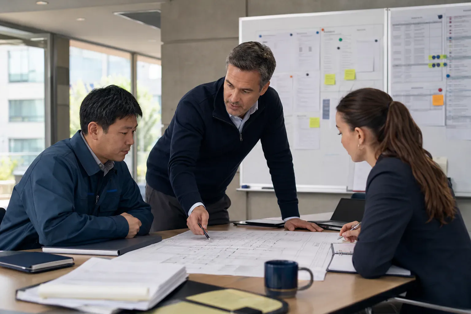A commercial property operations team reviewing plans and schedules together