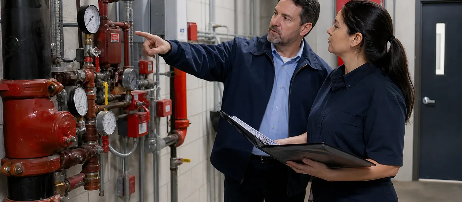 An inspector documenting a commercial fire sprinkler riser and valve assembly