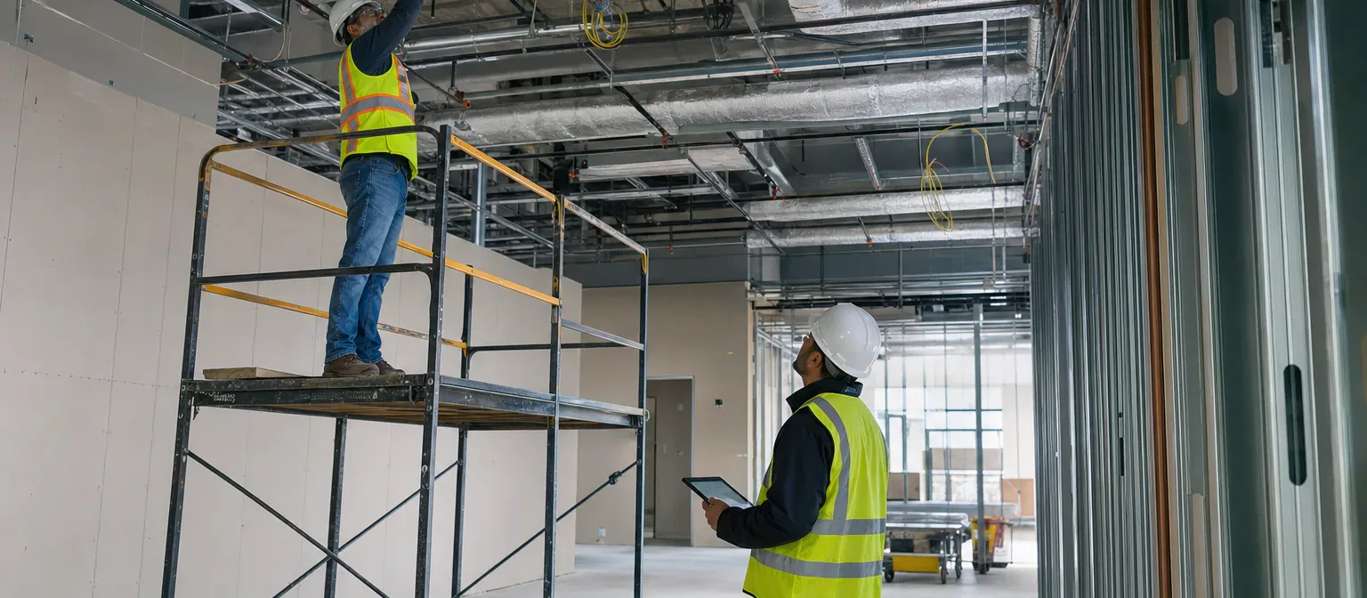 A construction manager documenting above-ceiling mechanical and electrical work