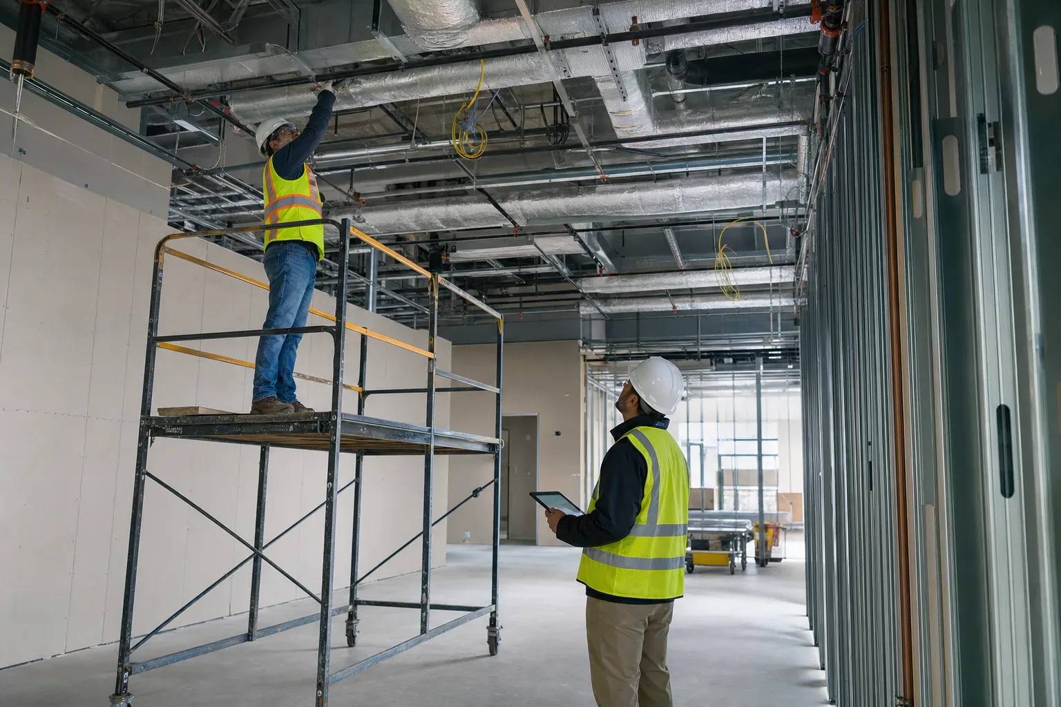 A construction manager documenting above-ceiling mechanical and electrical work