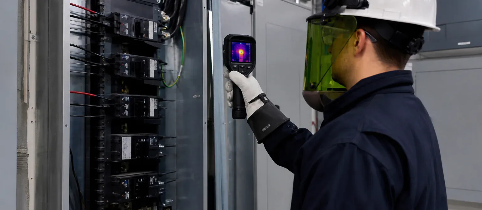 A qualified electrical technician performing a thermal inspection of a commercial panel