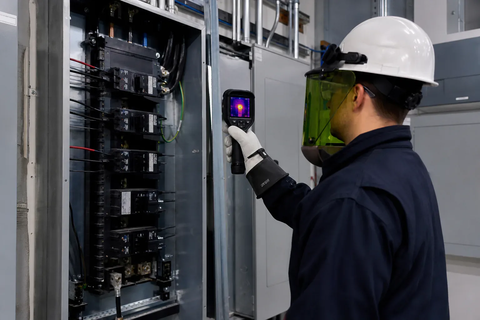 A qualified electrical technician performing a thermal inspection of a commercial panel
