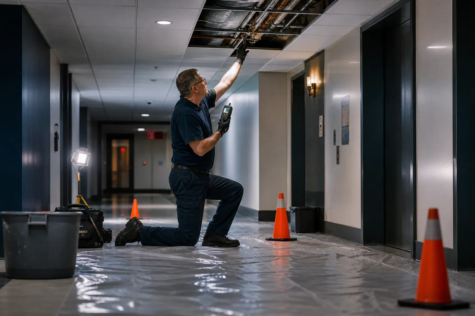 A building response team containing and documenting a ceiling water leak after hours