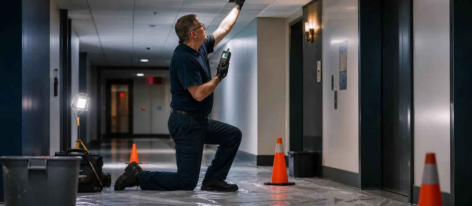 A building response team containing and documenting a ceiling water leak after hours