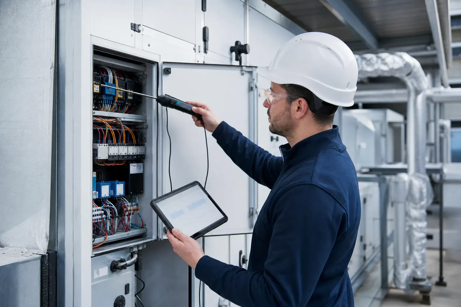 An energy technician testing controls in a commercial rooftop air-handling unit