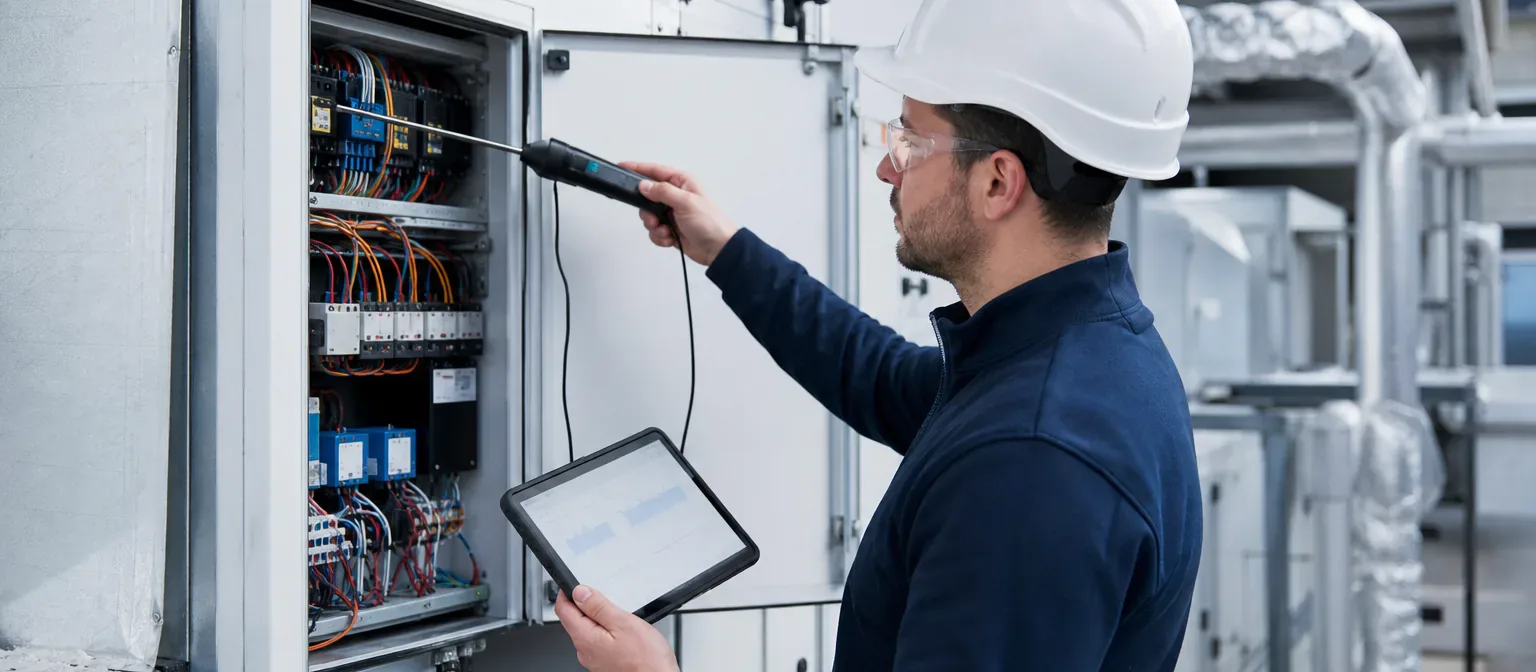 An energy technician testing controls in a commercial rooftop air-handling unit