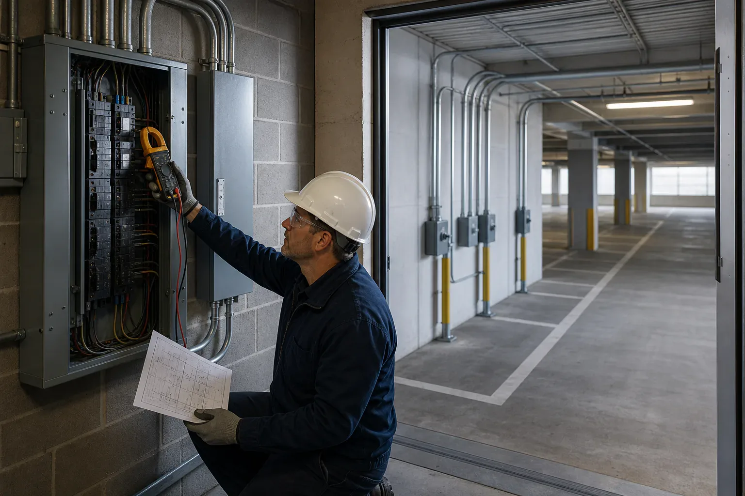 An electrical professional evaluating garage distribution capacity for EV charging
