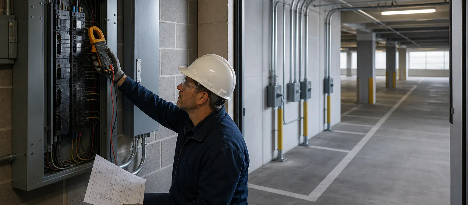An electrical professional evaluating garage distribution capacity for EV charging