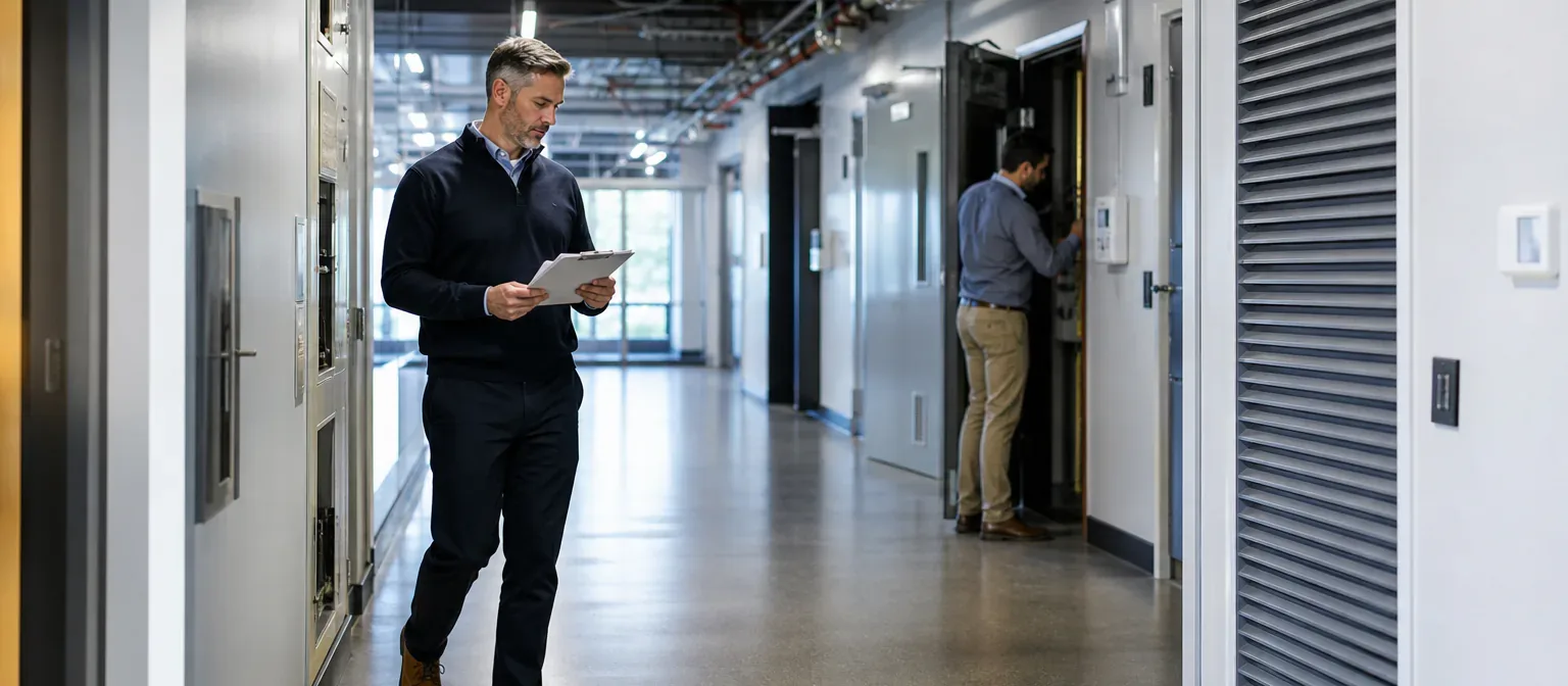 A facility manager and engineer conducting a whole-building operations walk
