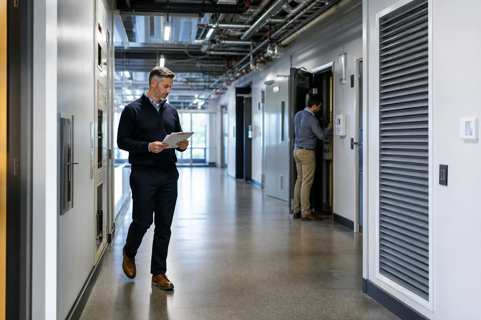 A facility manager and engineer conducting a whole-building operations walk