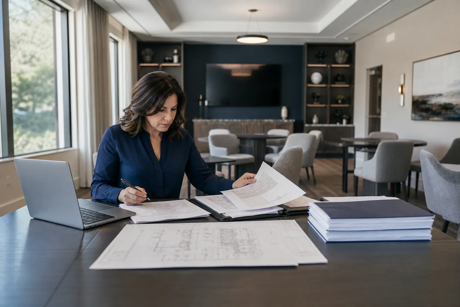 An association manager preparing plans and records in a residential community room