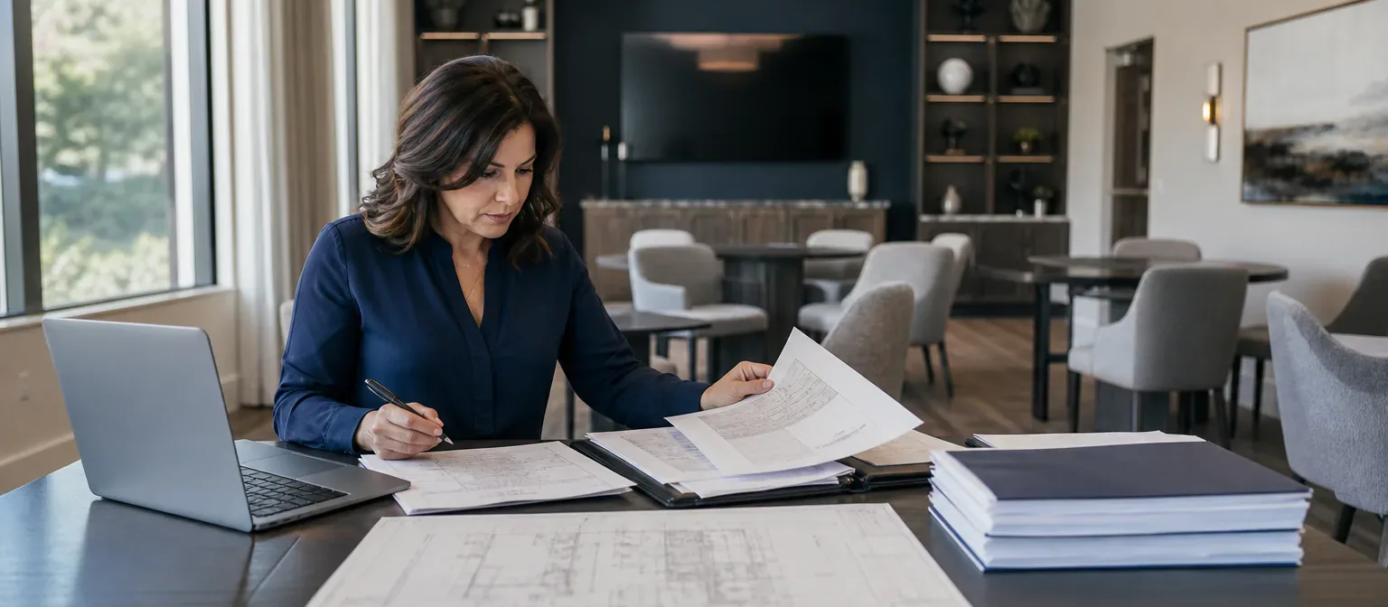 An association manager preparing plans and records in a residential community room