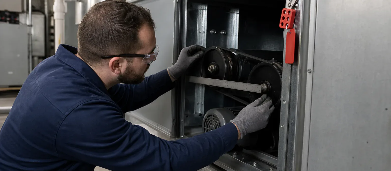 An HVAC technician inspecting a commercial air-handler belt and pulley assembly under lockout
